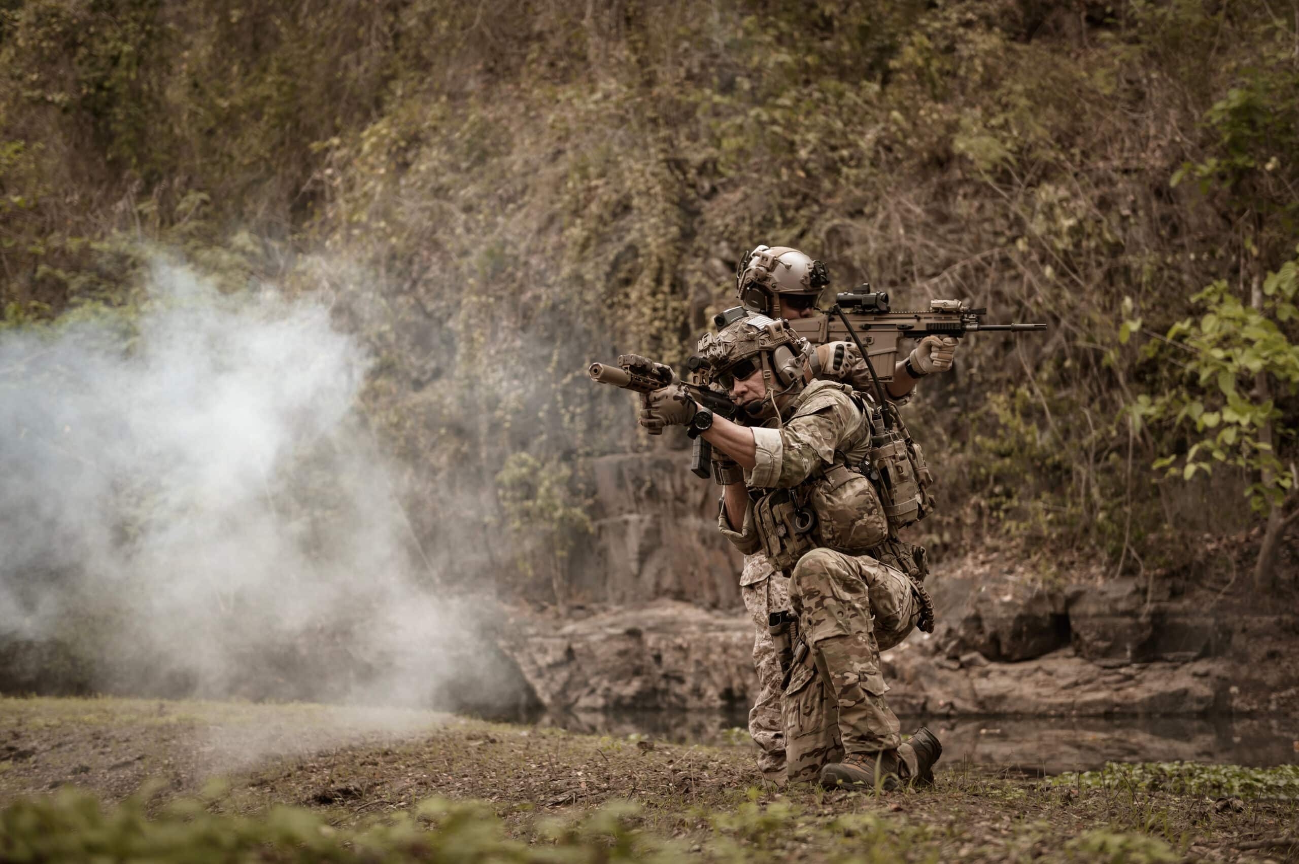 Soldiers using guns for drone defense