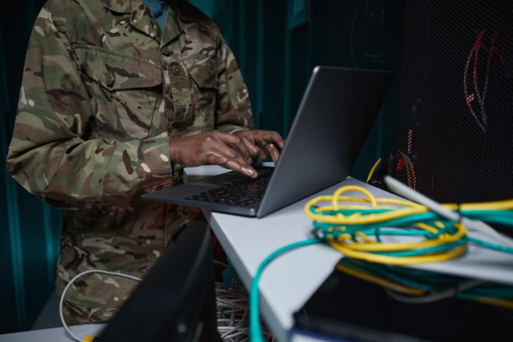 Military personnel using AI-powered drone defense