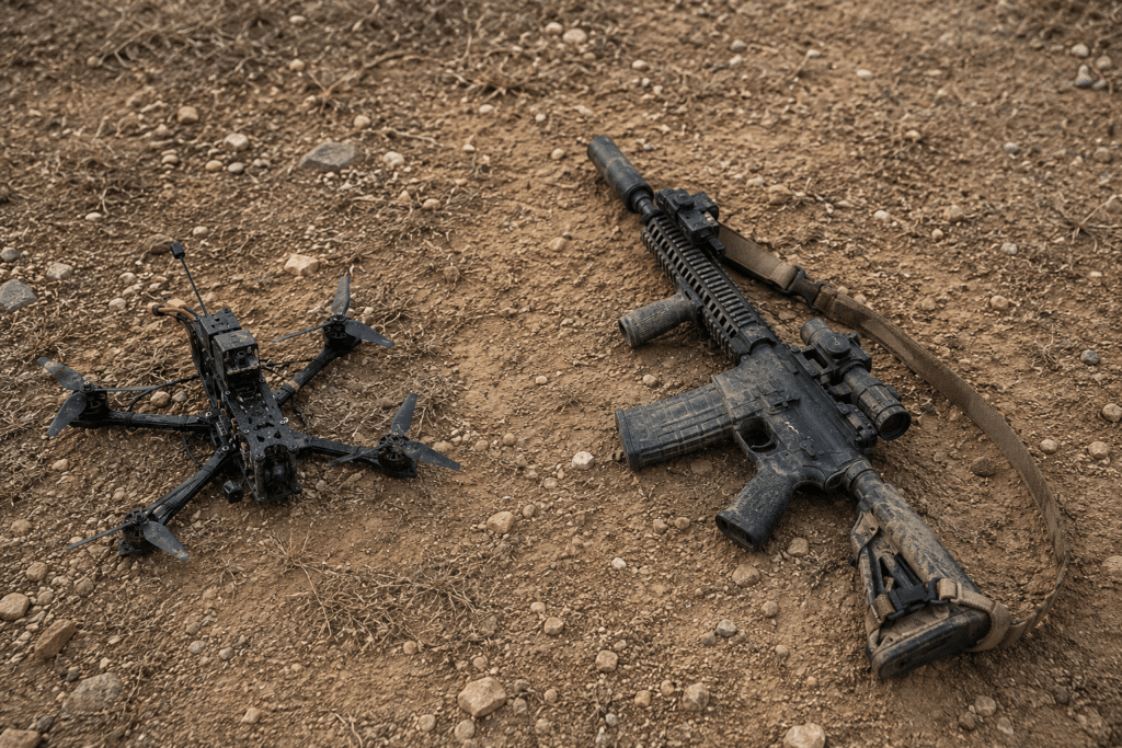 Anti-drone M4 rifle next to drone shot down by anti-drone gun system